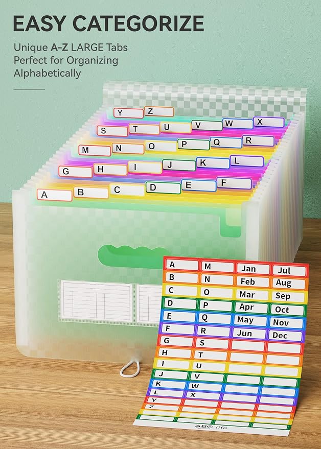 ABC life 26 Pockets Accordion File Organizer, Expanding File Folder, Green | Monthly Bill & Receipt Holder with Colored A-Z Tabs, Portable Folder Organizer for Home Office School, Fits Letter/A4 Size