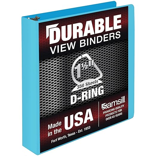 Samsill Durable 1.5 Inch Binder, D Ring Binder, Customizable Clear View Cover, Sky Blue, Holds 350 Pages