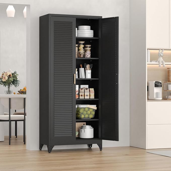 75" Tall Kitchen Pantry Cabinet, Metal Storage Cabinet with Doors | Kitchen Cabinet with 5 Adjustable Shelves, Black Cupboard for Kitchen, Dining Room, Living Room, Bathroom, Garage and Office