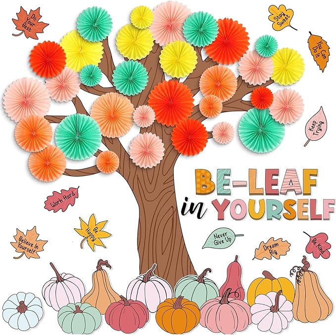 81 Pcs Fall Tree Bulletin Board Decorations Be Leaf in Yourself Classroom Tree Bulletin Board Motivational Boho Pumpkin Cutouts 3D Paper Fans Crafts Thanksgiving Fall Harvest Wall Decor