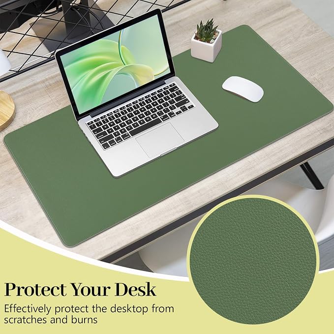 Green Leather Desk Pad Large Mouse Pad, 31.5"x15.7" | Waterproof Desk Mat for Keyboard and Mouse, Non-Slip Computer Desk Protector, Smooth Mouse Control for Home Office
