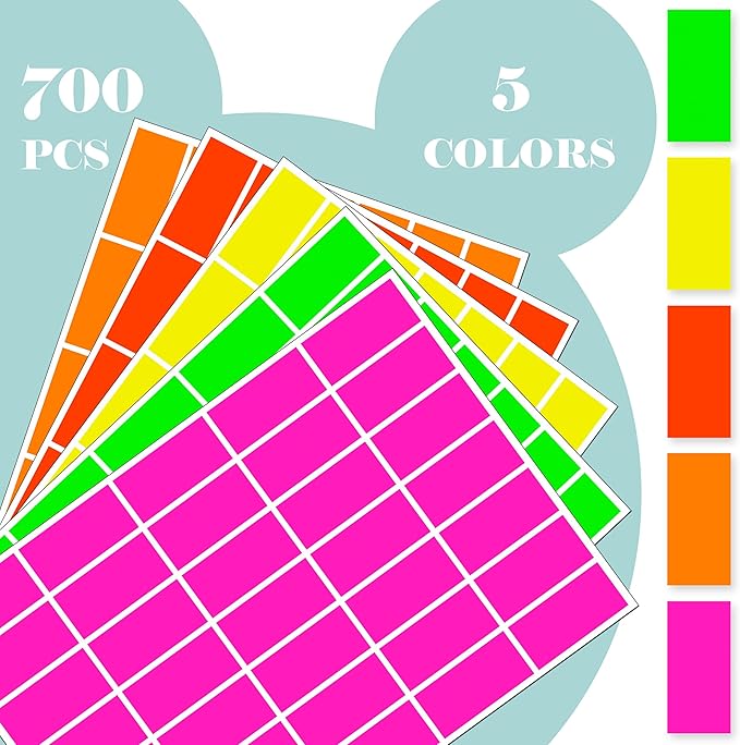 700 PCS Fluorescent Color Coding Stickers 1.57 x 0.75 Inch Rectangle in 5 Colors writable Colored Labells Sticker for Inventory and Home Organize, File Classification
