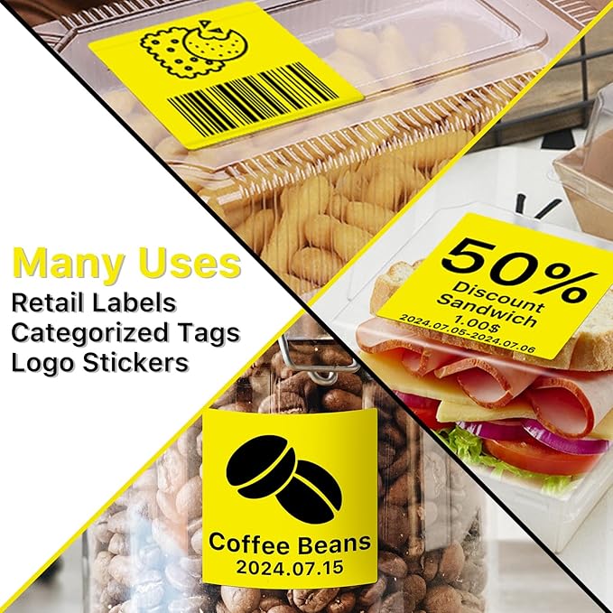 Square Thermal Label Stickers, 2"x2" (50.8mm x 50.8mm) Compatible with Multiple Thermal Printers Self-Adhesive Square Direct Strong Adhesive Thermal Labels, Yellow, 500 Sheets/Roll