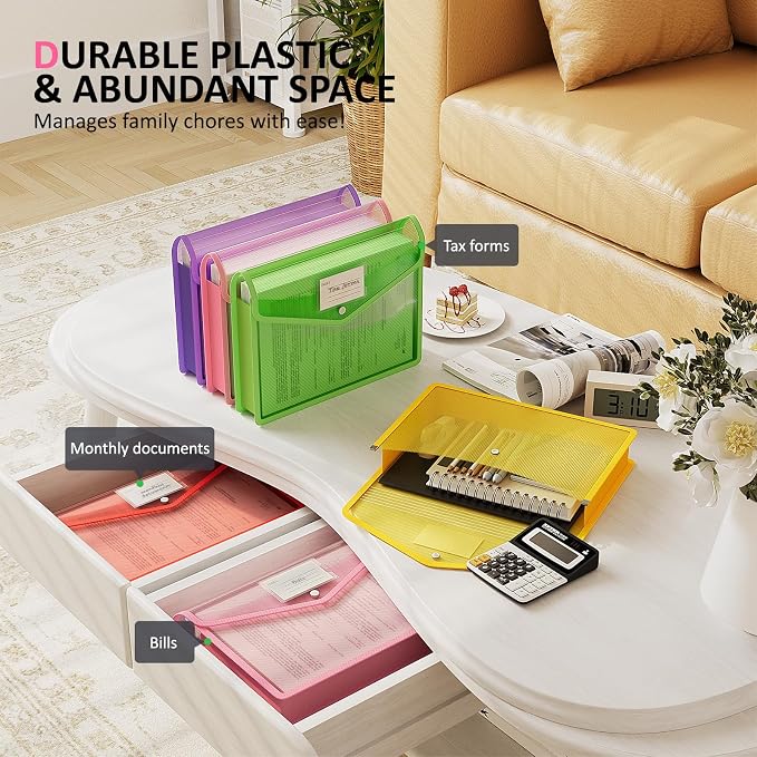 ThinkTex Plastic Expanding File Folders, Transparent Envelopes with Snap | Suitable for Home, Office, School, Large Capacity, No Dividers, Dopamine 5-Color, Fits Letter/A4 Size - 5 Pack