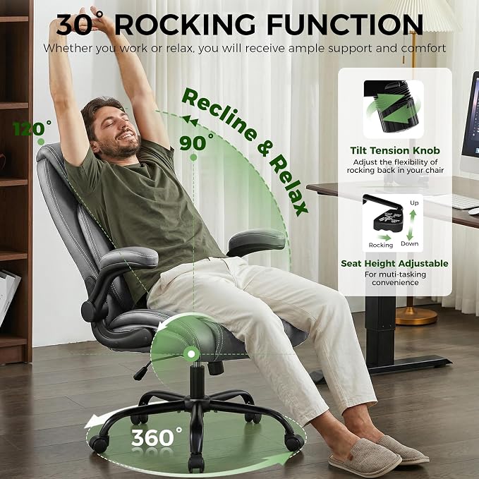 Office Chair, Ergonomic Executive Desk Chair with Lumbar Support for Lower Back Pain Relief, Padded Flip-Up Armrests, Leather Home Office Chair, Gray