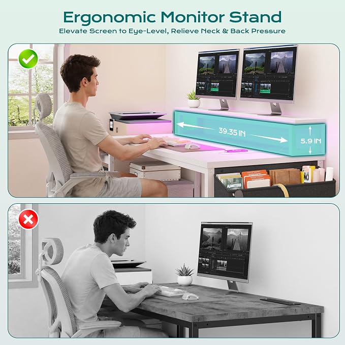 EnHomee 56.5" Office Desk with Drawers & Printer Space for Home Work,White | Computer Desk with 3 AC Outlets& 2 USB Ports,Waterproof LED Strip Lights,Monitor Stand & Side Pockets,Home Office,Bedroom