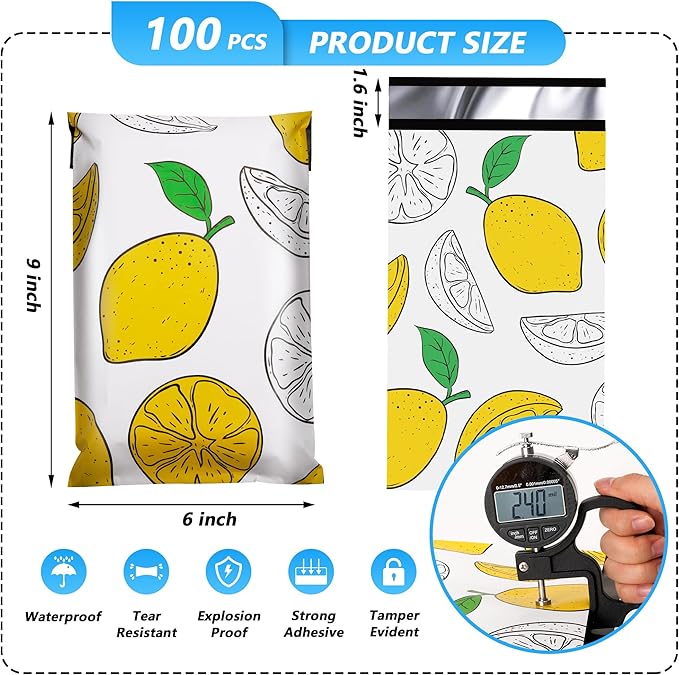 Lemon Printed Poly Mailer 6x9 Inch 100 Pcs, Waterproof and Tear-Resistant Shipping Bags for Clothing, Strong Mailing Bags with Self-Seal, Cute Packaging Bags for Small Business
