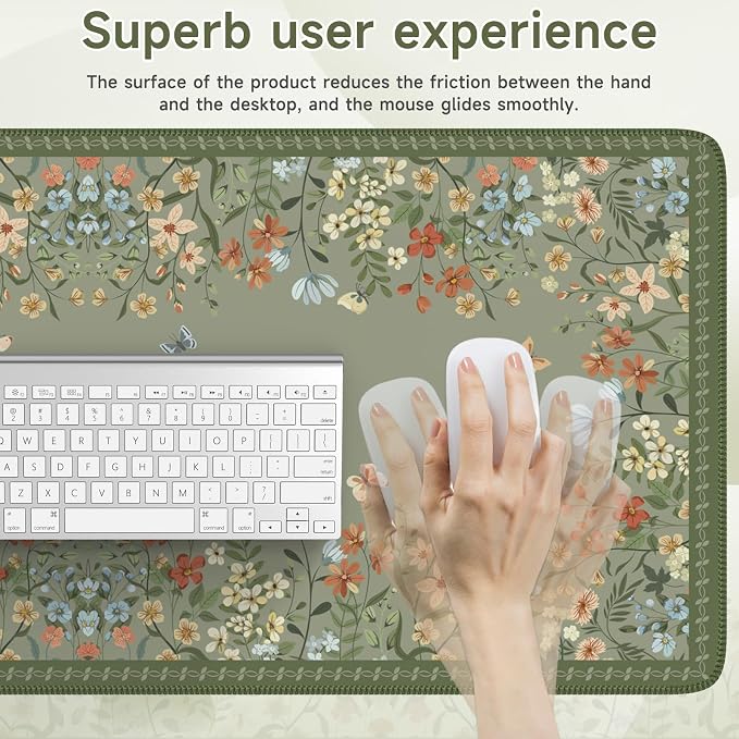iCasso Desk Mat for Keyboard and Mouse,Cute Desk Pad,Sage Green | Large Non-Slip Keyboard Mat with Stitched Edges,Floral Mousepad for Women,Girly Computer Mat for Home Office