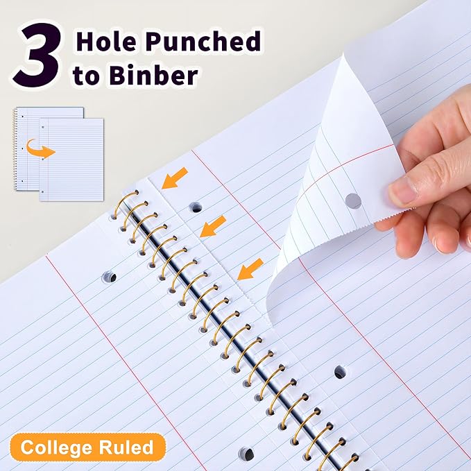 Spiral Notebook College Ruled Paper 8" x 10-1/2", 1 Subject Spiral Notebook, 3-Hole Punched Perforated Pages Ideal for School, Office, Writing, 95 Sheets Lined Journaling Notebook, Blue