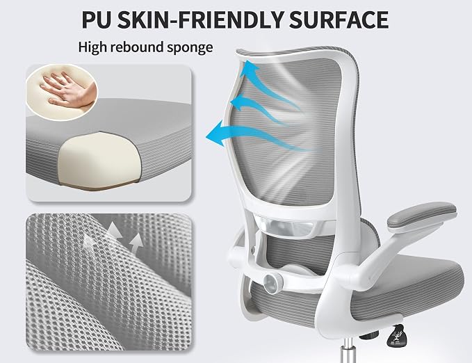 TRALT Office Chair Ergonomic Desk Chair - Gaming Chair with Lumbar Support | 330 LBS Home Office Desk Chairs , Reading Chair with Flip-up Armrests, Comfortable Computer Chairs (1, Grey)