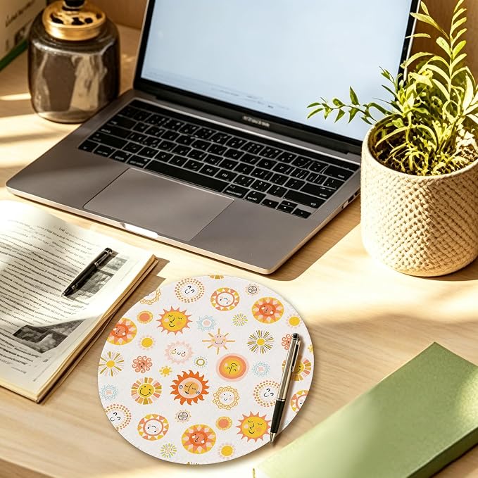 Boho Smiley Sun Sunshine Round Mouse Pad 7.9x7.9in | Boho Office Decor,Yellow Cute Sun Mousepad Mouse Mat for Computer Laptop Home Office Dorm Desk Accessories