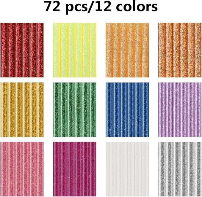 Colored Hot Glue Sticks Mini, 3.93 x 0.27 in Glitter Glue Stick, EVA Adhesive Colorful Hot Melt Glue Sticks for DIY Art Craft, Sealing, General Repairs and Gluing Projects, 72 PCS, 12 Colors
