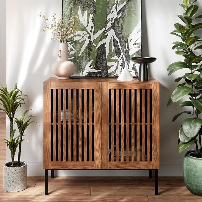 BVIUNTWO Storage Cabinet, Modern Coffee Bar with Adjustable Shelf and Metal Base, 32 Inch Wood Multifunctional Console Table for Kitchen, Living Room, Entryway, Brown