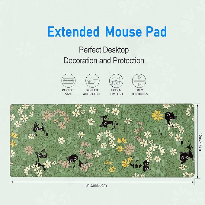 Green Wild Grass Flower Desk Mat,Black Cat Large Mouse Pad,31.5x12in | Cute Kitty Extended Gaming Keyboard Mat,XL Kawaii Anime Plant Mousepad with Non-Slip Base and Stitched Edge,80 x 30 cm