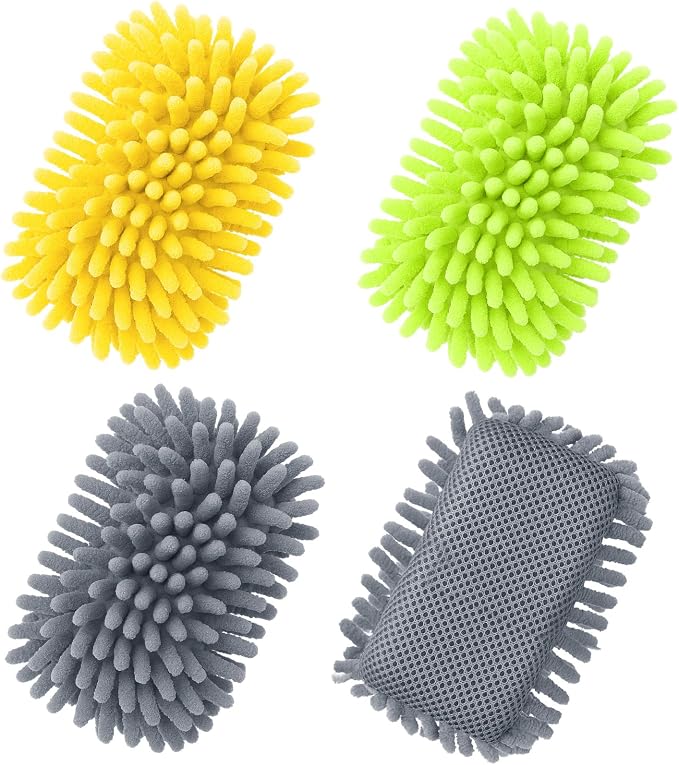 Zonon 4 Pcs 5" x 3" Dry Erase Eraser, Green, Yellow, Gray | Microfiber Shag Washable Whiteboard Erasers for Markers and Chalk, Reusable Board Cleaners, Classroom Office Home Use