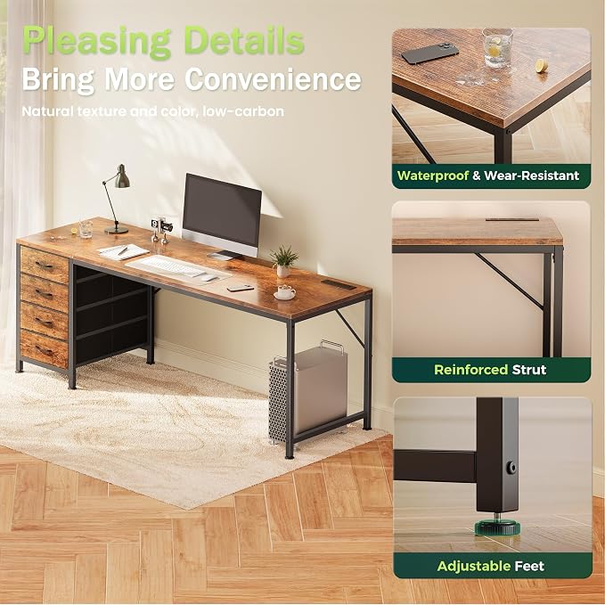 63 Inch Computer Office Desk with Power Outelts and USB-C Port, Reversible Gaming Desk with 4 Fabric Drawers, Work Study Desk Work from Home, Rustic Brown