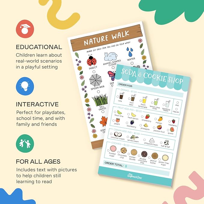 Kids Pretend Play Notepads – Order Taking & Scavenger Hunt | 40 Pages Order-Taking Soda & Cookie Shop Notepad & 40 Pages Nature Walk Scavenger Hunt for Imaginative Role Play