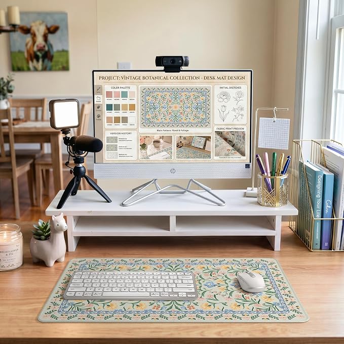 iCasso Aesthetic Flower Mouse Pad,23.6x13.7in, Green Floral | Desk Pad Mat, Desk Matt for Desktop Anti-Slip Mousepad with Stitched Edges for Laptop Computer Keyboard