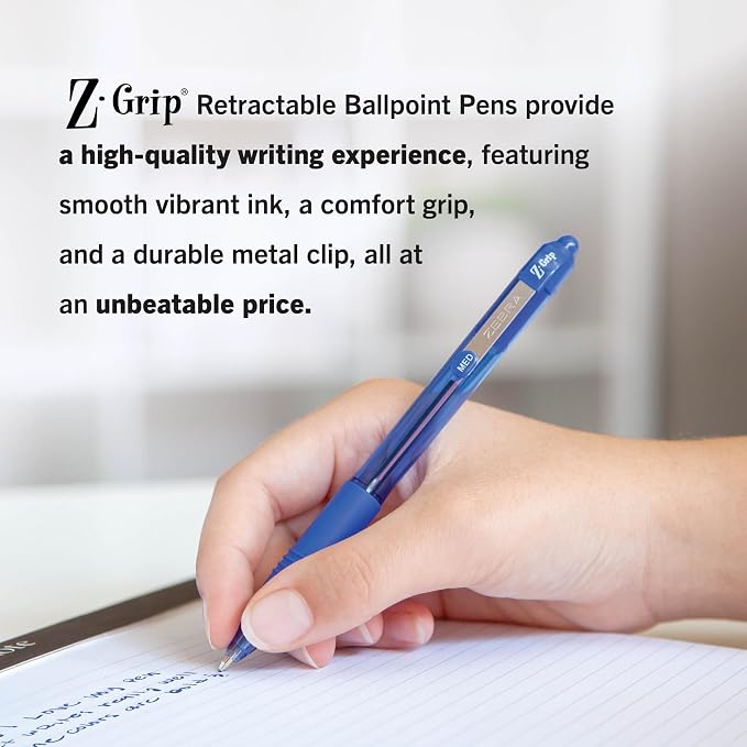 Zebra Pen Z-Grip Retractable Ballpoint Pen, Blue Ink, 1.0mm, 18-Pack | Smooth Writing, Medium Point Tip, Ideal for Planners, Note-Taking, School and Office Supplies, and Everyday Writing (22258)