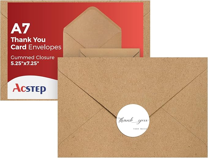 ACSTEP 100PACK Kraft 5X7 Envelopes,Brown A7 Envelopes Self Seal for Weddings, Invitations, Photos, Postcards, Greeting Cards Mailing,Baby Shower, Graduation With Thank You Stickers