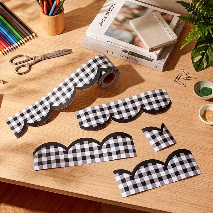 Zonon 65ft Black and White Gingham Bulletin Board Border,3 inch | Scalloped Edge Trim for Classroom Walls, Whiteboards, Desks, Windows, Doors, Lockers, Back to School Decoration Supplies