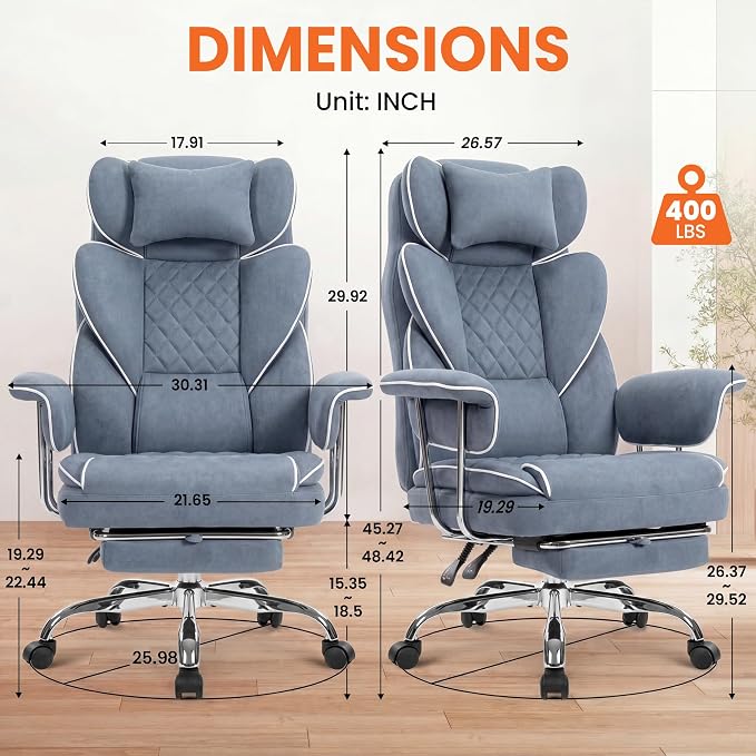 NEO CHAIR Big & Tall Leather Office Chair, High Back, Lumbar Support, Blue | Gaming Chair for Adults and Computer Use, Reclining Office Chair with Foot Rest, Massage, Comfy Design and Heavy Duty Support