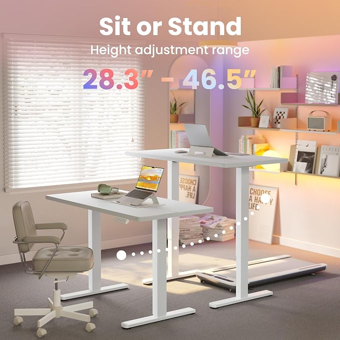 HUANUO 63x28 Inch Electric Standing Desk, Height Adjustable, White | 176 Lbs Capacity, Smooth Home Office Desk, 4 Memory Presets & Headphone Hooks, 28.3–46.5 Inch Height Range, Easy to assemble