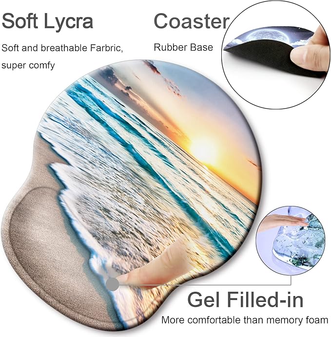Ergonomic Mouse Pad with Wrist Support Rest,Large Mousepad Gel Wrist Rest, with Coaster Non-Slip & Pain Relief for Computer, Desk, Home&Office-Beach