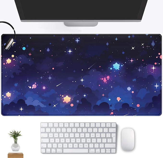 Blue Stars Desk Mat Cute Cloud Desk Pad, Aesthetic Starry Sky Mouse Mat Gaming Mousepad XXL, Extra Large Deskktop Mats for Keyboard and Mouse, Computer Laptop Mat Kawaii Desk Decor 31.5"x15.75"