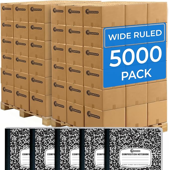 5000 Pack Composition Notebooks Bulk, Wide Ruled, Black Marble | Pallet of Composition Notebooks, 100 Sheets (200 Pages), 9-3/4 x 7-1/2, Bulk Supplies for School & Office, 4-7 Days Transit