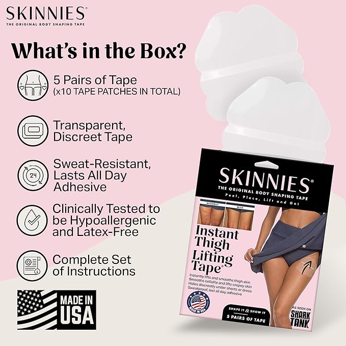 Skinnies Instant Thigh Lift Tape - Patented & Made in USA - Clear Adhesive Strips Instantly Lift Loose Skin and Smooth Cellulite - Sweatproof and All-Day Wear Body Tape for Women - 5 Pairs