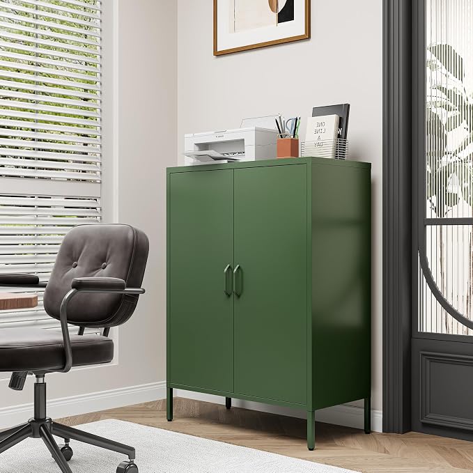 Bevivog Green Metal Locker Cabinet with 2 Doors, Metal Accent Cabinets with 2 Adjustable Shelves Home Office Storage Lockers Sideboard for Kitchen Living Room Hallway Entryway