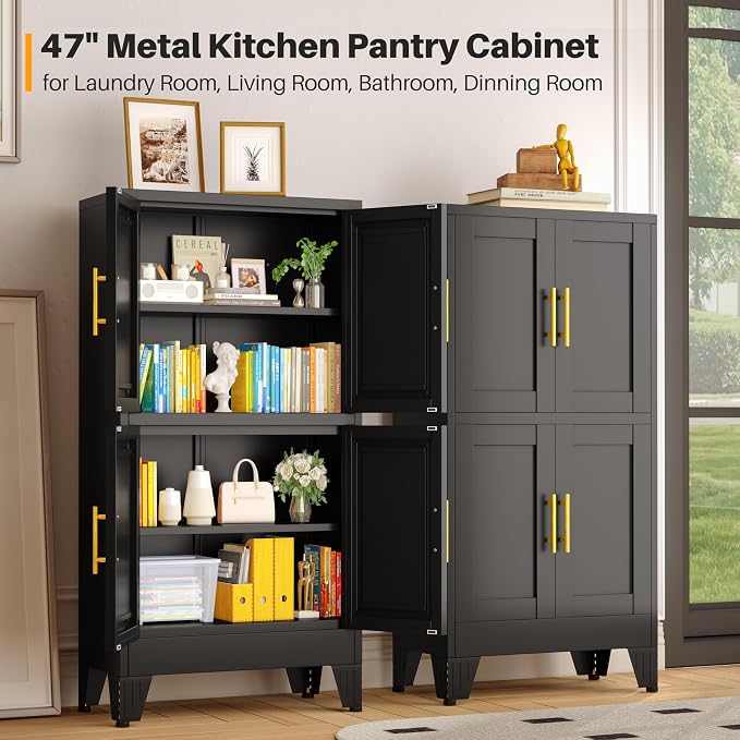 winiowa 47" Tall Kitchen Pantry Cabinet, Metal Storage Cabinet with Doors and Adjustable Shelves, Black Freestanding Pantry Cabinet for Kitchen, Dining Room, Living Room, Laundry Room, Bathroom