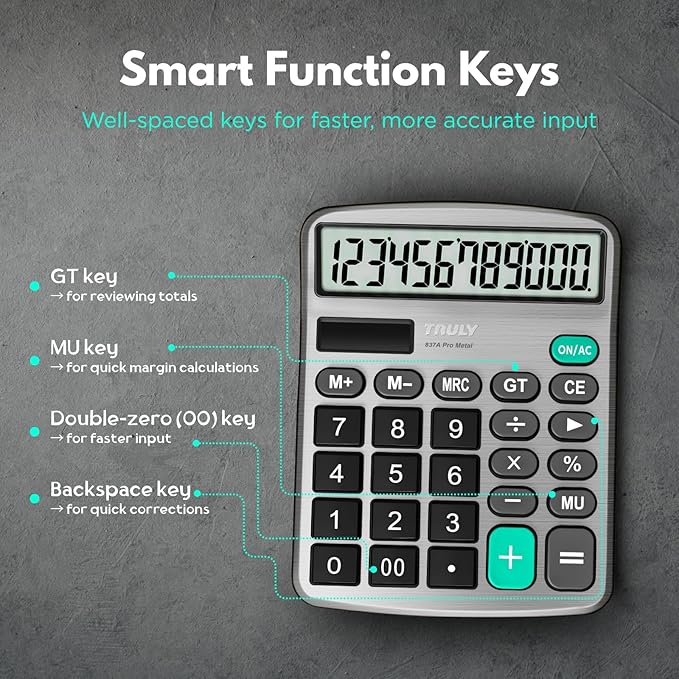 TRULY 12 Digits Desktop Calculator with Large LCD Display and Sensitive Button, Dual Solar Power and Battery, Standard Function for Office, Home, School, Metal Body, 837A Pro Silver