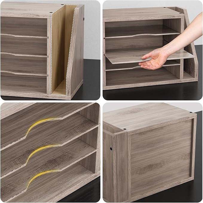 Mail Sorter, File Organizer Desktop, Wood Desk Organizer with 3 Adjustable Shelves, Mail Holder for Office, Home, Letter Sorter File Holders for Envelopes, Mail Supplies Magazines, Greige