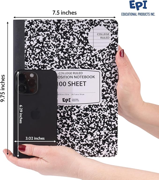 48 Pack - EPI College Ruled Composition Notebook Black - 200 Pages (100 Sheets), 9-3/4 x 7-½ - Classroom Back to School Supplies, Heavy Duty, Durable Hardcover Office Notebooks, Sewn