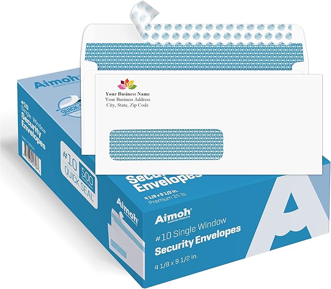 Aimoh 500#10 Custom Printed Single Left Window Self Seal Security Envelopes, Text and Logo Customization, Self Sealing Closure, Security Tinted, Size 4-1/8 x 9-1/2 Inches, 24 LB, 500 Count (7-35210)