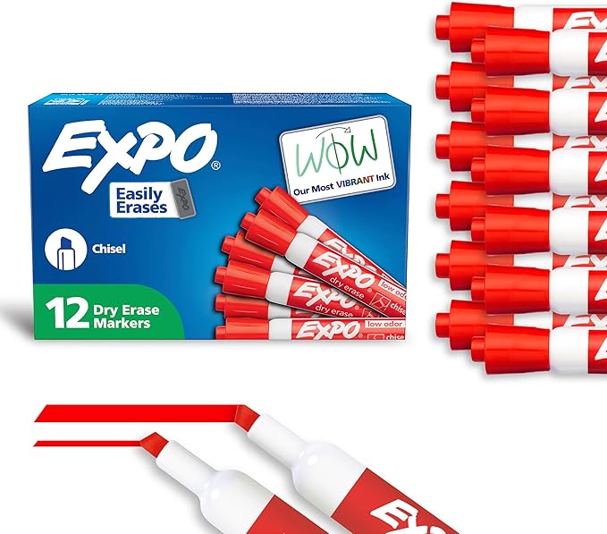 EXPO Low Odor Dry Erase Markers Chisel Tip Red 144 Count, Pack of 12
