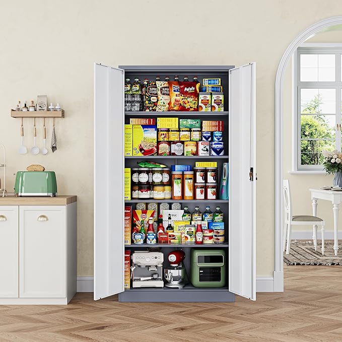 Metal Garage Storage Cabinets with Lock Door and Adjustable Shelves, Steel Tool Cabinets for Home,Office,Warehouse Organisieren (Gery White, 72" H)