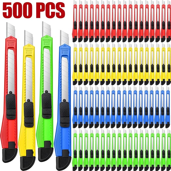 Therwen 500 Utility Knife Box Cutters Bulk Utility Knife Retractable 9 mm Wide Blade with Safety Lock Compact Box Cutter Replacement for Home Office Arts Crafts Hobby