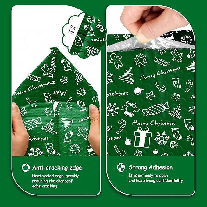 JinRuiKJ Christmas Bubble Mailers 4x8" 50 Pack, Padded Envelopes, Strong Adhesion Padded Mailers, Cushioning Padded Shipping Envelopes for Jewelry, Makeup - Green