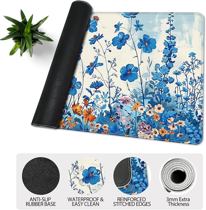 35.4 x 15.7 in, XXL Large Mouse Pad for Desk, Extended Keyboard Mouse Mat for Computer Office, Big Mouse pad with Stitched Edges, Gaming Pc-Blue Flower and Weeds