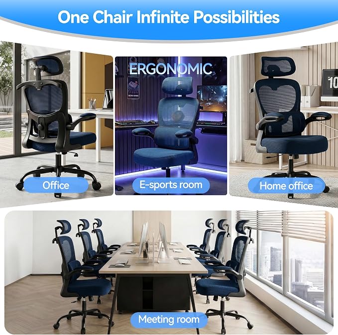 Office Chair Ergonomic Desk Chairs with Adjustable Lumbar Support& Headrest Hanger, High Back Breathable Mesh Chair with Wheels, Rolling Swivel Comfy Task Computer Chair for Home Work Gaming