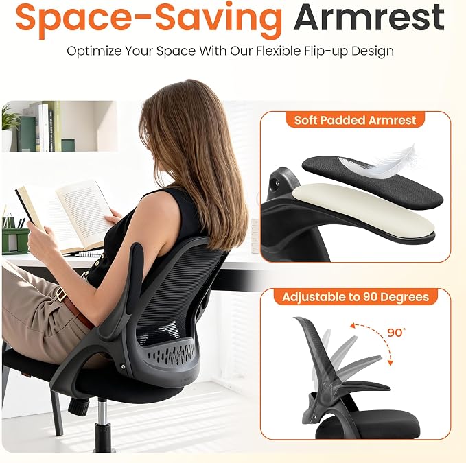 NEO CHAIR Office Computer Chair Ergonomic Mesh Back Flip-Up Arms, Black | Lumbar Support, Smooth-Rolling Casters, Height Adjustable Seat, Comfortable Seating for Office, Study and Computer Work