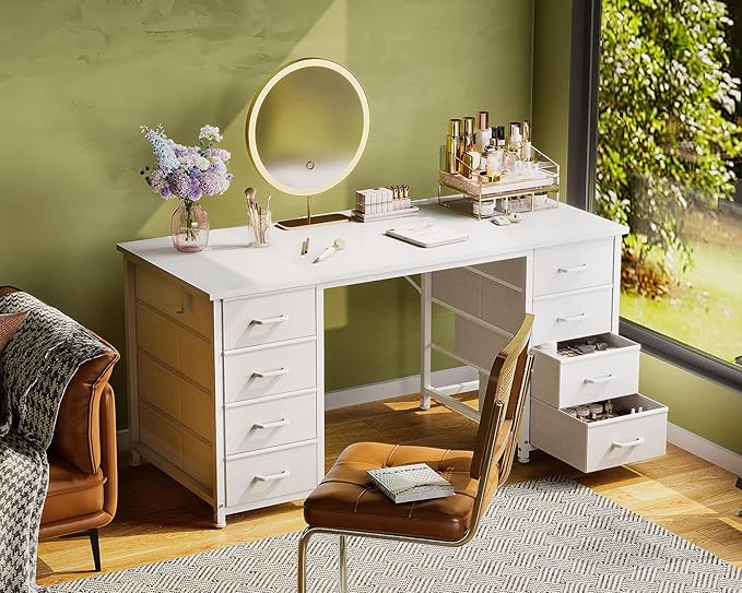 Casaottima 48 Inches Computer Desk with 8 Fabric Drawers, Modern Office Desk with Large Storage for Home Office, Study, White