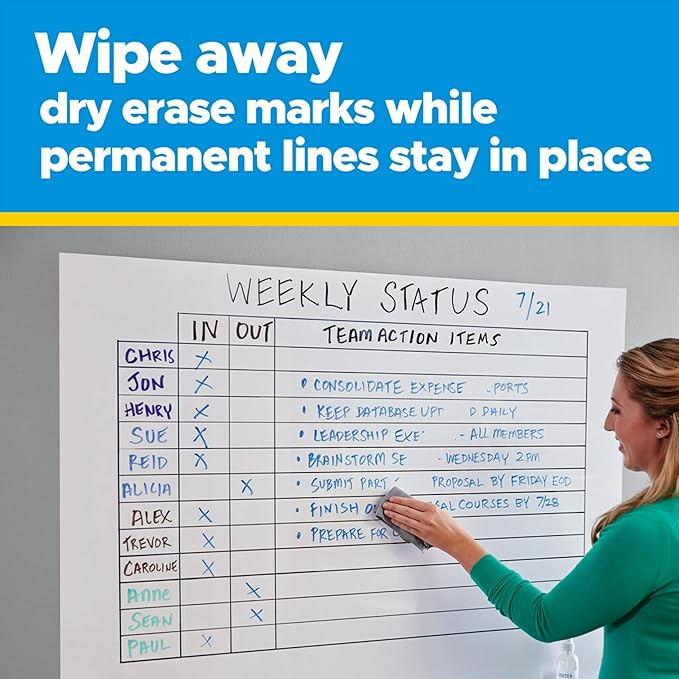 Post-it Easy Erase Permanent Marker Whiteboard Surface, Permanent Marker Wipes Away with Water, 6 ft x 4 ft, White Dry Erase Whiteboard Film (EE6x4)