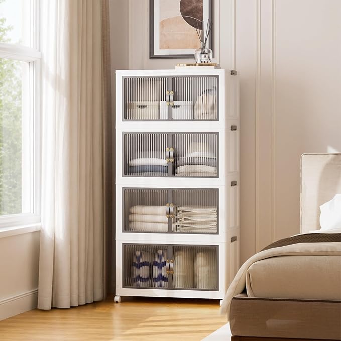 SAILUN 464Qt Stackable Storage Bins,Storage Cabinet with a Lid,4 Pack White | Stackable Storage Drawers with Lids,26" W x 17" D x 56.7" H,Featuring open-front Access for Clothes and Closet Storage