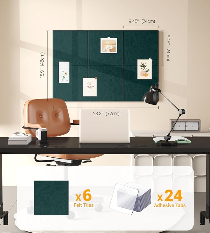 28" x 18" Felt Bulletin Board Tiles 1/2" Thick, Forest Green | 6 Pack Felt Tiles, Large Cork Board Alternative, 30 Adhesive Tabs, Pin Board for Home Office Decor with Easy Install