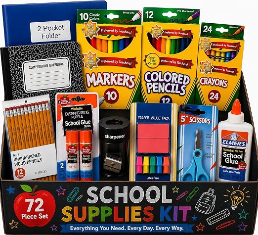 72 Piece School Supplies Set for Kids, Includes Crayons, Pencils, Notebooks, Glue and More, Back to School Supply Essentials for Elementary Girls, Boys, Student, Classroom and Office