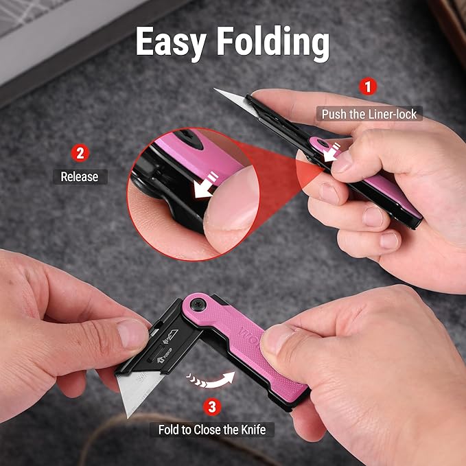 WORKPRO Folding Utility Knife with 10 Extra SK5 Blades, EDC Razor Sharp Knife with G10 Handle, Quick Change Box Cutter with Belt Clip, for Heavy Duty, DIY, Home, Office & Artcraft Use - Pink